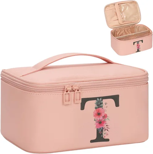 Miniatura 62 de OCHEAL Bolsa de maquillaje personalizada, bolsa de maquillaje beige para mujer, kit de aseo de viaje con monograma, organizador de cosméticos listo