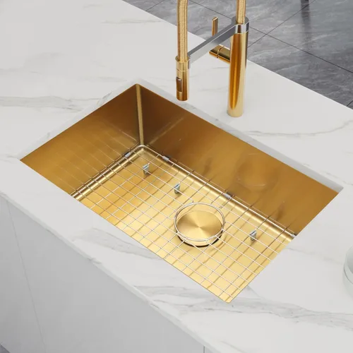 Miniatura 8 de Fregadero de cocina dorado, fregadero de cocina empotrado de 27 x 18 pulgadas, fregadero de acero inoxidable calibre 16 Oro