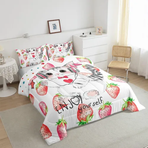 Miniatura 5 de Erosebridal Lindo juego de edredón de gato, tamaño individual, kawaii, fresa, juego de ropa de cama para niñas, diseño de arco iris, edredón rosa