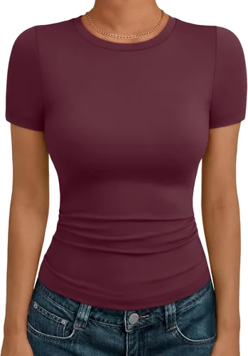 Miniatura 33 de AUTOMET - Camisetas básicas de manga corta para mujer, para verano, entrenamiento o gimnasio, con cuello redondo, ropa moderna estilo Y2K