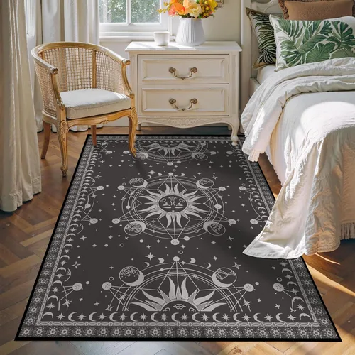 Miniatura 14 de 5' X 7' Alfombra con diseño de sol y luna, alfombras boho celestiales para dormitorio, sala de estar, estilo bohemio, oculto, media luna, solar