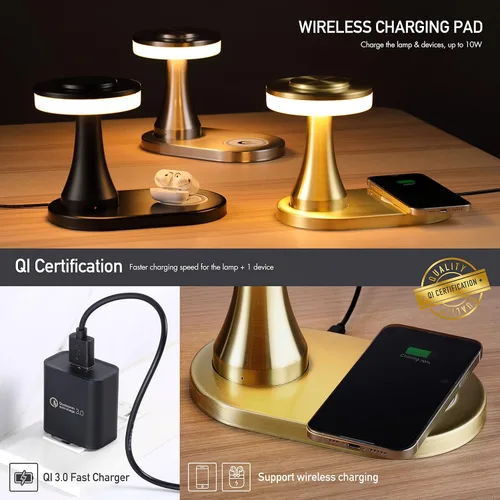 Miniatura 2 de O'Bright - Lámpara de mesa LED portátil con almohadilla de carga inalámbrica, lámpara de noche regulable y recargable, luz ambiental para Oro
