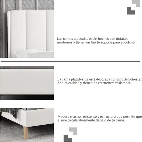 Miniatura 5 de Marco de Cama Tapizada de Plataforma Tamaño Full con Cabecero, Soporte de Listones de Madera Resistentes, No Necesita Somier, Montaje Fácil, Beige