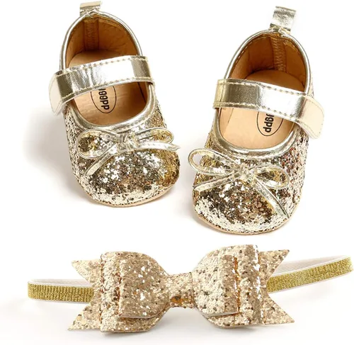 Zapatos planos Mary Jane para bebé con diadema de lazo, vestido de princesa floral para bebé, suela suave, zapatos de cuna antideslizantes para