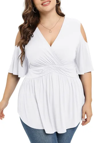 Miniatura 3 de TIANZHU Camisetas de talla grande para mujer, sexy, con cintura imperio, camisas de manga corta con detalle de hombros descubiertos