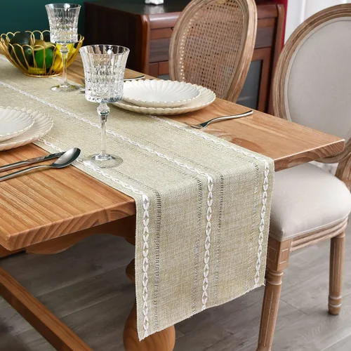 Miniatura 10 de Camino de mesa rústico de granja con rayas trenzadas, caminos de mesa bordados, decoraciones de mesa para cocina, sala de estar, comedor, días