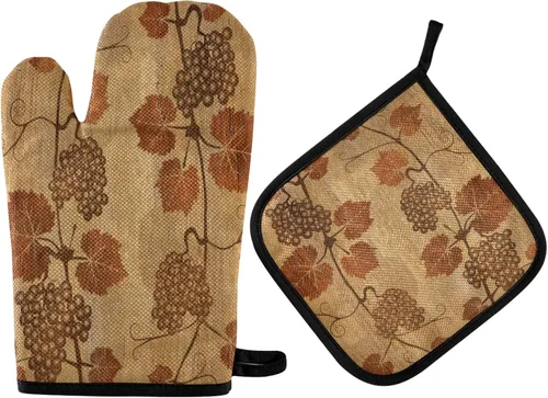 Manoplas y manoplas de horno con textura retro, hojas de uva, antideslizantes, resistentes al calor, juego de manoplas para horno y soportes para
