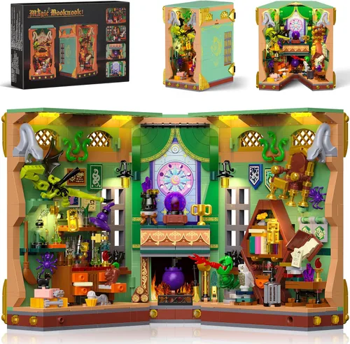 Kit de construcción de rincón de libros con luces LED, 1033 piezas Magic Academy Booknook 3D modelo de casa en miniatura para estantería,