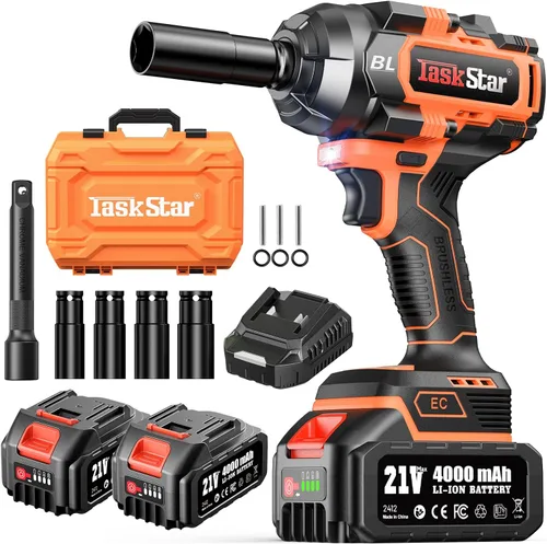 Llave de impacto inalámbrica 1500N.m – Pistola de impacto de 1/2 pulgada sin escobillas de 20 V máximo con 2 baterías de 4.0 Ah y cargador rápido |