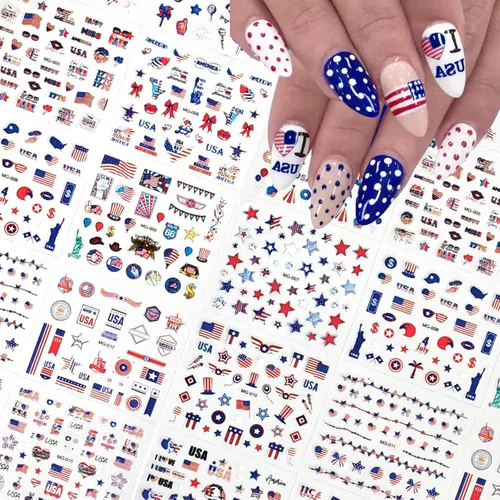 Miniatura 5 de 30 hojas de calcomanías de uñas del 4 de julio para arte de uñas, Día de la Independencia, calcomanías de arte en 3D, autoadhesivas, bandera