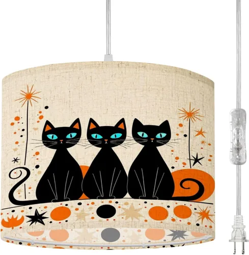 Miniatura 9 de Boho Plug in Pendant Light Sleek Black Cats Vibrant Atomic Patterns 1960s Design 16.4ft Plug in Cord Dimmable Hanging Lamp Fabric Lamp Shade Pendant