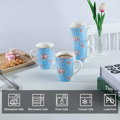 Miniatura 4 de fanquare Juego de 4 tazas de café de 12 onzas para mujer, juego de tazas de café de porcelana floral, tazas de café grandes de cerámica azul