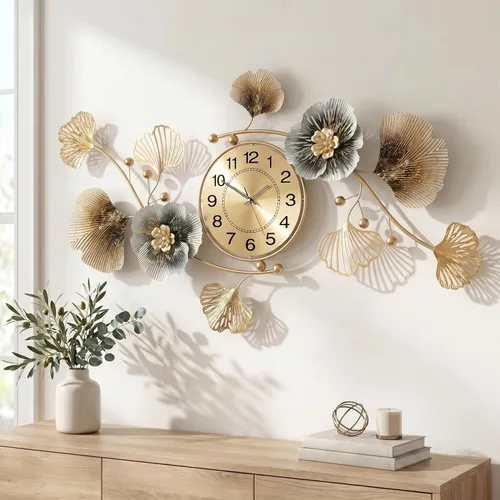Miniatura 10 de Relojes de pared para decoración de sala de estar, reloj de pared grande, diseño creativo 3D de hoja de ginkgo de metal, con movimiento silencioso