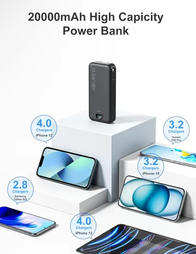 Miniatura 6 de aonidi Cargador ultraportátil de 20000 mAh PD20W con cables integrados y enchufe de pared de CA, cargador de teléfono celular de carga rápida, Negro