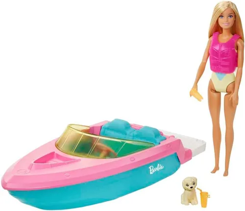 Muñeca Barbie y juego de barco con cachorro, chaleco salvavidas y accesorios, cabe a 3 muñecas y flota en el agua, regalo para niños de 3 a 7 años