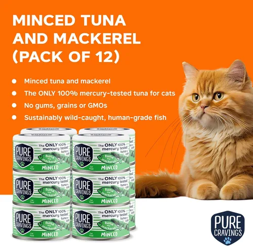 Miniatura 2 de Pure Cravings Comida enlatada húmeda de atún y caballa picada para gatos, 100% atún probado con mercurio, lata húmeda para gatos, sin granos