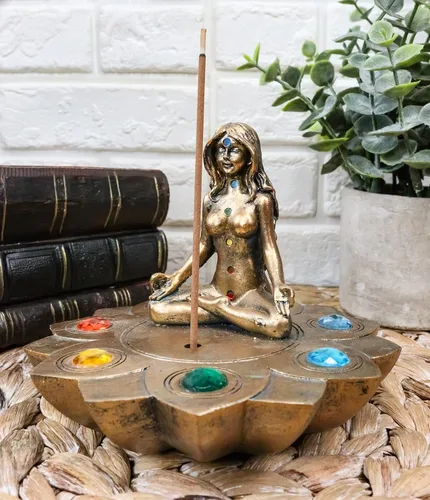 Miniatura 8 de Ebros Gift Luna sagrada Femenina Triple Diosa Yoga Meditación con Zona de Chakra Cuentas de Color Flor de loto Incienso Soporte para quemador Figura