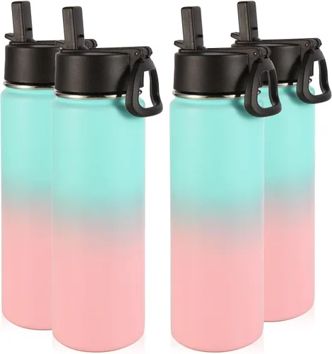 Miniatura 28 de Volhoply Botellas de agua aisladas con popote a granel, paquete de 4, botella deportiva de acero inoxidable de 22 onzas con tapa, vasos de agua