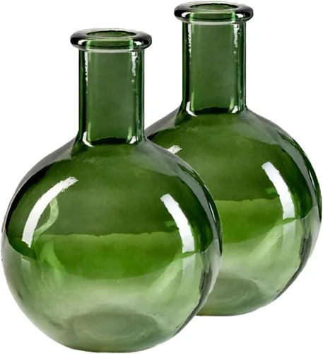 Serene Spaces Living Juego de 2 jarrones redondos de cristal con cuello de botella verde, florero vintage para mesa de consola, estante, sala de