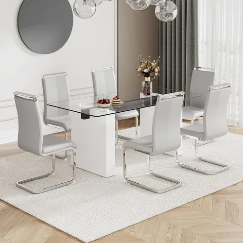 Miniatura 11 de Juego de mesa de comedor de vidrio de 71 pulgadas para 6, mesa de comedor para 6, mesa de vidrio templado con marco de MDF blanco y 6 sillas