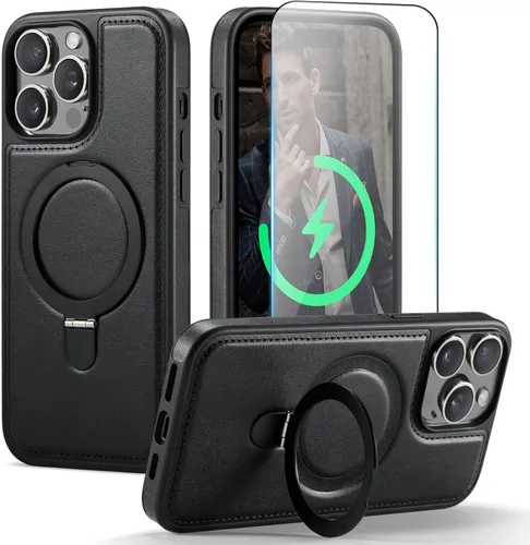 Miniatura 19 de Funda para iPhone 13 con soporte compatible con Magsafe, color negro Magnetic Kickstand, with Tempered Glass Screen Protector, Durable PU Leather