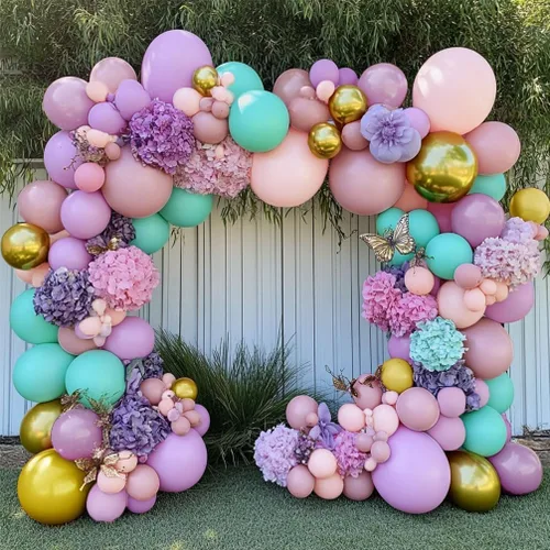 Miniatura 4 de Guirnalda de globos pastel de doble relleno, color rosa, morado, verde, arco de globos colorido, kit de látex metálico dorado para sirena, baby
