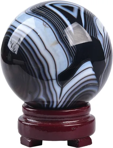 JIC Gem - Bola de cristal de ónix negro y ágata natural redonda, cristales curativos decorativos con soporte de madera para meditación, decoración