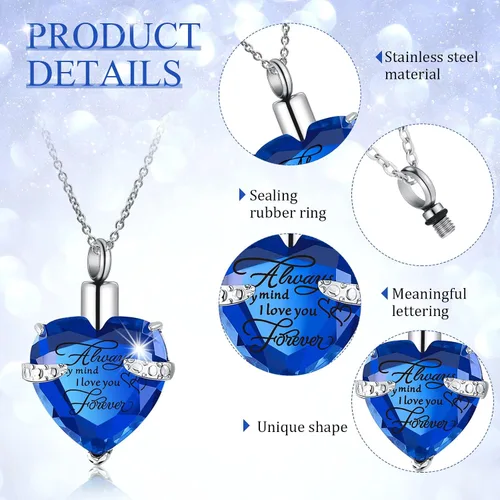 Miniatura 2 de 16 piezas de collar de urna para cenizas, medallón de cenizas talladas de acero inoxidable impermeable con 8 kit de relleno, cilindro de corazón
