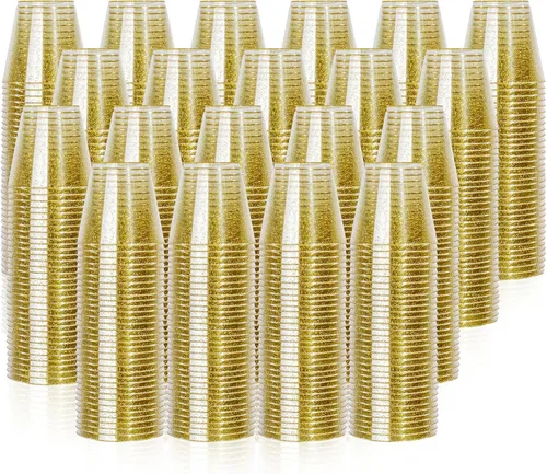 Miniatura 14 de I00000 Paquete de 100 unidades de vasos de plástico dorado de 12 onzas, vasos desechables con borde dorado, vasos de vino desechables y copas