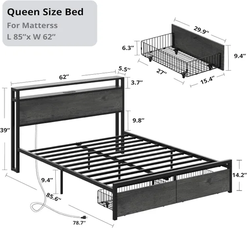 Miniatura 2 de LIKIMIO Base de cama Queen con cabecera de almacenamiento, cama de plataforma con cajones y estación de carga, no necesita somier, fácil montaje