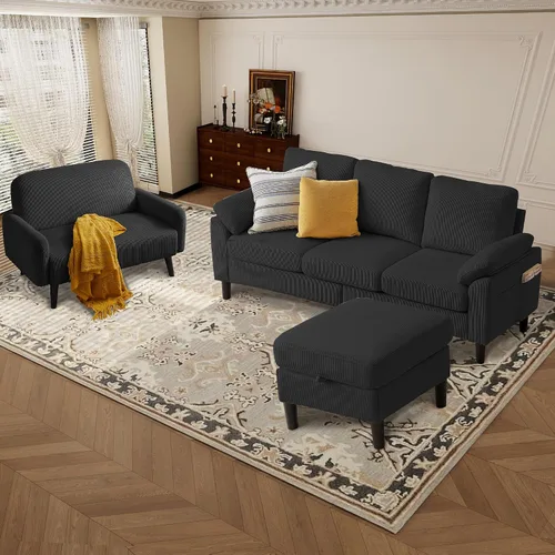 Miniatura 3 de Juego de sofá seccional de corduroy con otomano de almacenamiento y sofá cama, sofá en forma de L de 3 plazas con otomano de almacenamiento oculto