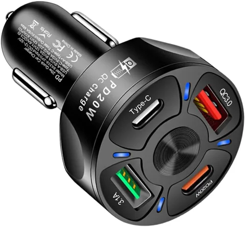 Adaptador de cargador de coche, cargador rápido USB de 4 puertos QC3.0/PD20W/Type-c/2.1A, cargador inteligente de derivación para teléfono de coche
