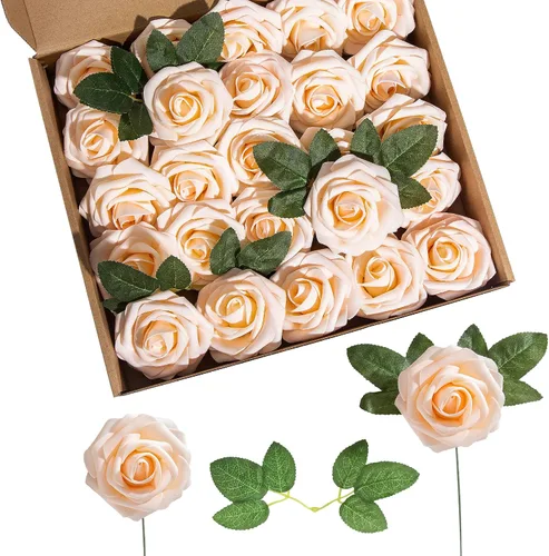Miniatura 25 de Rosa artificial de espuma de 25 piezas de rosas falsas de aspecto real con tallos y hojas para decoración del hogar, fiestas, jardín, centros