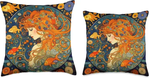 Miniatura 3 de Red haired Art Nouveau Woman Of The Waters Hermosa almohada estilo Art Nouveau de la mujer pelirroja de las aguas, 16 x 16 pulgadas, multicolor