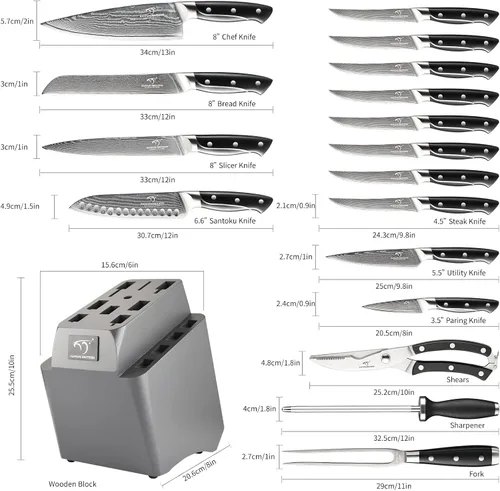 Miniatura 2 de Juego de cuchillos de cocina de Damasco de 18 piezas, 8 cuchillos de carne, mango ergonómico de ABS antideslizante triple remache para tenedor