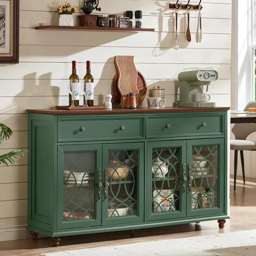 Miniatura 17 de Joaxswe Aparador de estilo rústico con almacenamiento, credenza grande de 59 pulgadas con 4 puertas de vidrio y 2 cajones, estantes ajustables, mesa