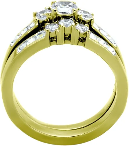 Miniatura 4 de Juego de 3 piezas de anillos de compromiso para él y para ella de oro IP de circonia cúbica