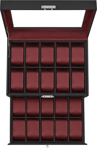 Miniatura 7 de SONGMICS Caja de reloj de 20 ranuras, caja de reloj con tapa de vidrio, 2 capas, vitrina de reloj con cerradura, cuero sintético negro, forro rojo