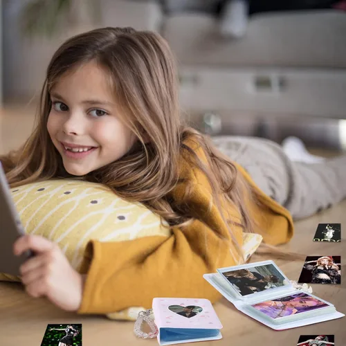 Miniatura 7 de CCINEE Juego de 2 portatarjetas Kpop para tarjetas fotográficas, mini álbum de fotos Kpop con colgante de cristal y lindas calcomanías, corazón