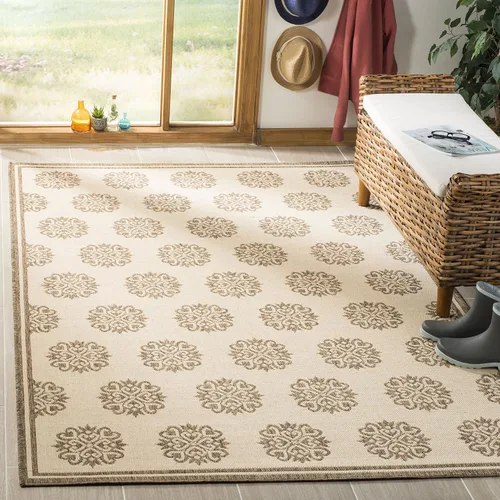 SAFAVIEH Alfombra lavable al aire libre Linden Collection – 6'7" cuadrada, crema y beige, no desprende pelusa y fácil de limpiar, ideal para patio,