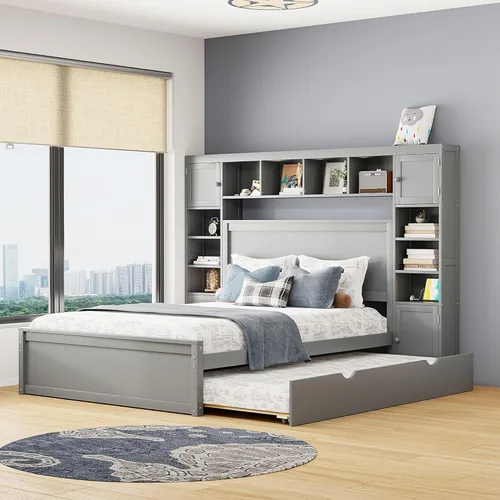 Miniatura 32 de Cama de plataforma tapizada de tamaño matrimonial con nido, cama con plataforma tapizada de vellón de peluche con soporte de listones de madera