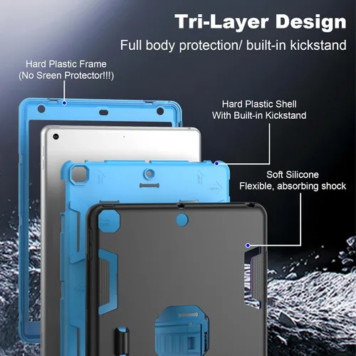 Miniatura 3 de Funda para iPad de 9ª/8ª/7ª Generación de 10.2", Cuerpo Completo Resistente de Servicio Pesado a Prueba de Golpes Anti Rayones Cubierta (Negro Azul)