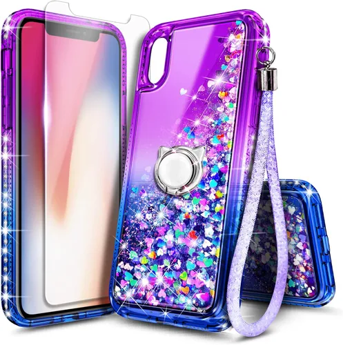 NGB - Funda diseñada para iPhone XR, morado/azul | Bonita funda con purpurina líquida brillante para mujeres, niñas y niños | con protector de