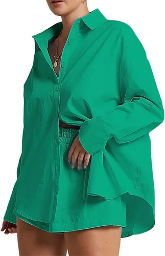 Miniatura 3 de Conjunto casual de 2 piezas para mujer blusa con botones y pantalones cortos de cintura alta conjunto de overoles