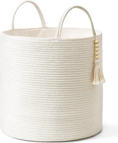 Miniatura 8 de Mkono Cesta Alta de Mimbre para Ropa Sucia Cesta de Almacenamiento Tejida Cesta Decorativa de Cuerda Natural Decoración de Cuentas de Madera