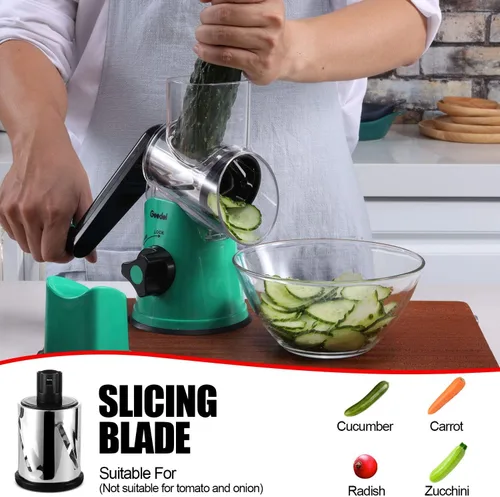 Miniatura 3 de Rallador de queso giratorio Geedel con 3 cuchillas intercambiables, rallador de mandolina de cocina para verduras, frutas, nueces, fácil de limpiar