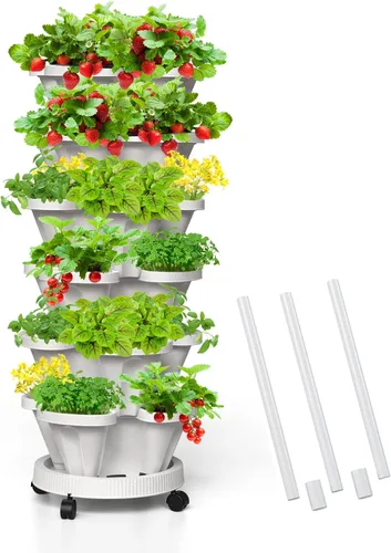 Miniatura 10 de Macetas verticales de fresa, paquete de 2 unidades, torre apilable de 5 niveles con poste de soporte, macetas apilables para hierbas y verduras