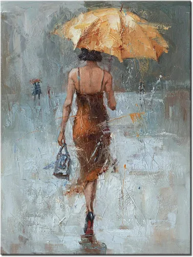 Lienzo de pared con paraguas de niña con vestido caqui caminando en la calle lluvia pintura arte moderno lienzo abstracto obra de arte