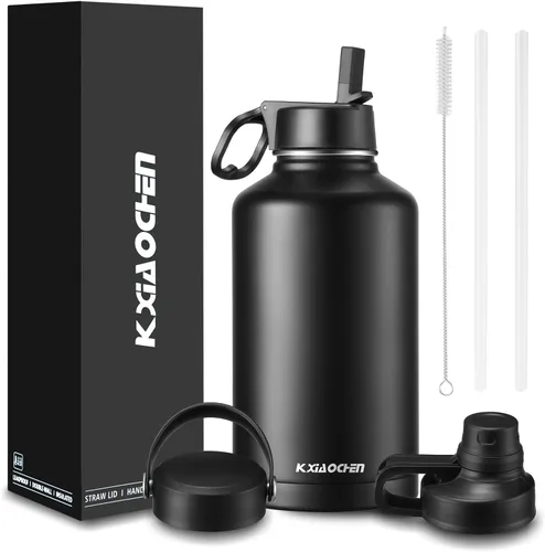 Miniatura 41 de KXIAOCHEN Botella de agua aislada, botella de agua de acero inoxidable, 2 tapas (con pajilla y tapa con asa), botellas de agua metálicas de boca