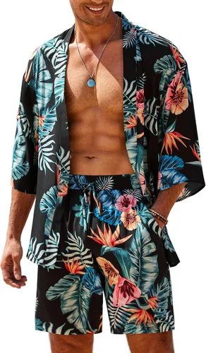 COOFANDY Conjunto de 2 piezas de chaqueta tipo kimono ligero para hombre, camisa hawaiana para la playa con pantalones cortos